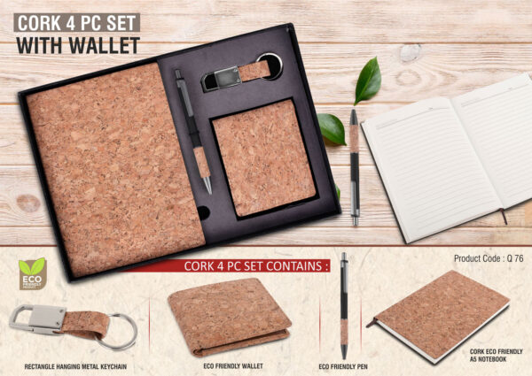 Q76 - Cork 4 pc set: Cork notebook with Wallet, pen and keychain