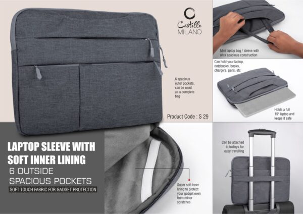 S29 - Laptop Sleeve with Soft inner lining | 6 outside spacious pockets | Soft touch fabric for gadget protection