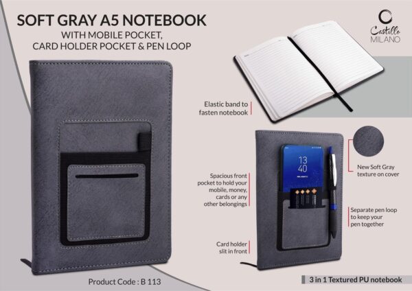 B113 - Soft Gray A5 notebook with mobile pocket, card holder pocket & pen loop by Castillo Milano