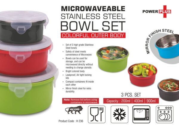 H236 - 3 pc Microwaveable Stainless Steel Bowl set | Colorful outer body | Capacity: 200, 400 and 900ml