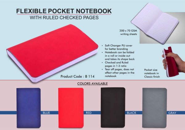 B114 - Flexible Pocket Notebook with Ruled & Checked pages | Soft Changer PU Cover | 200 Writing sheets