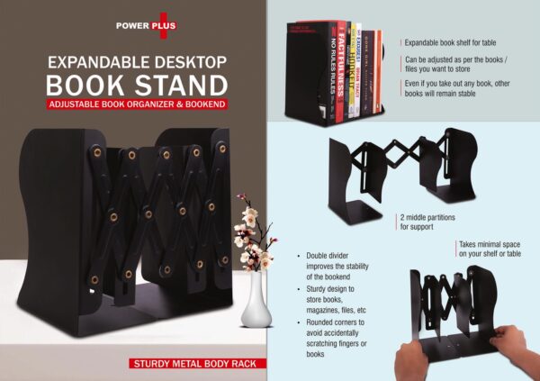 E318 - Expandable Desktop Book Stand | Adjustable Book Organizer & Bookend | Sturdy Metal body rack | 2 middle partitions for support