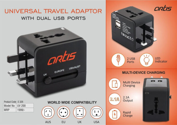 E326 - Artis Universal travel adaptor with Dual USB ports (UV200) (MRP 1999)