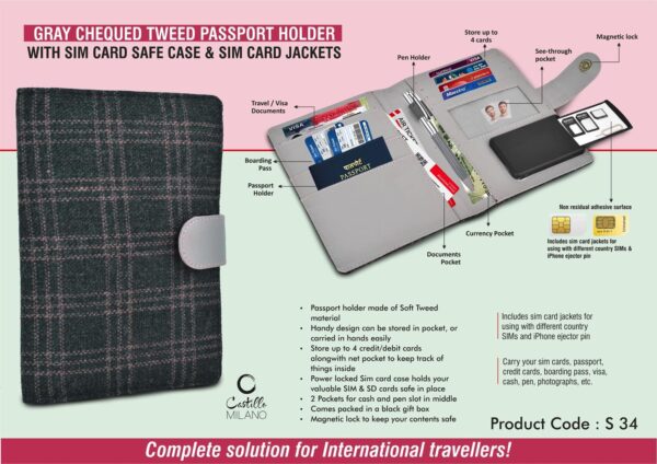 S34 - Gray Chequed Tweed Passport holder with Sim Card Safe Case & Sim Card Jackets