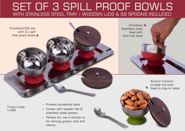 H258 - Set of 3 Spill Proof Bowls with Stainless Steel Tray | Wooden Lids & SS Spoons included