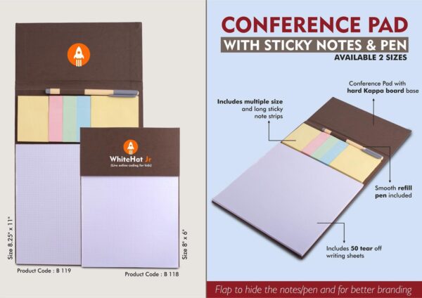 B118 - Conference Pad with Sticky notes & Pen | Size 8" x 6" | 50 writing sheets