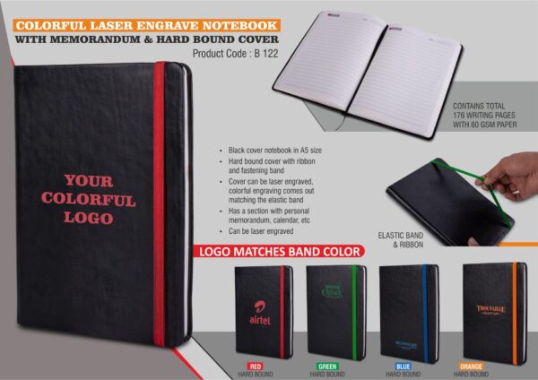 B122 - Colorful Laser engrave notebook with Memorandum & Hard bound cover | Elastic band and ribbon | Logo matches band color