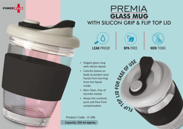 H246 - Premia: Glass mug with Silicon grip & Flip Top lid | Capacity: 350 ml