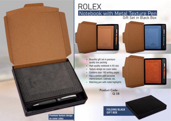 Q58 - Rolex Notebook with Metal Texture pen | Gift set in Black box