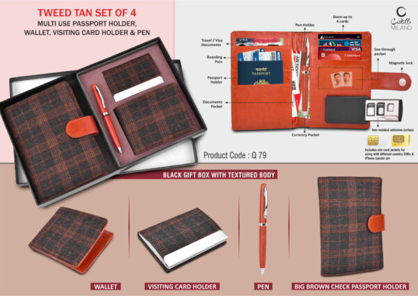 Q79 - Tweed Tan Set of 4: Multi use Passport holder, Wallet, Card holder, Metal Pen
