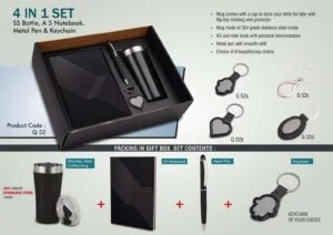 Q52 - 4 in 1 set: Tall sipper mug in 304 steel, Metal pen, A5 notebook and Keychain