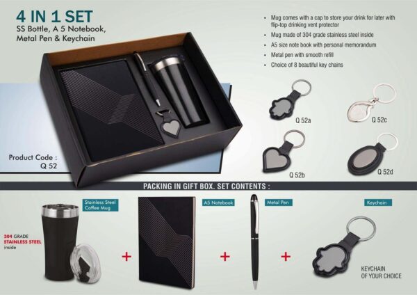 Q52 - 4 in 1 set: Tall sipper mug in 304 steel, Metal pen, A5 notebook and Keychain