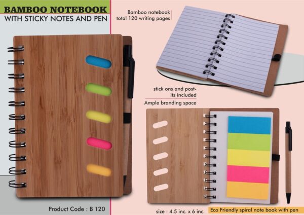 B120 - Bamboo notebook with sticky notes and pen