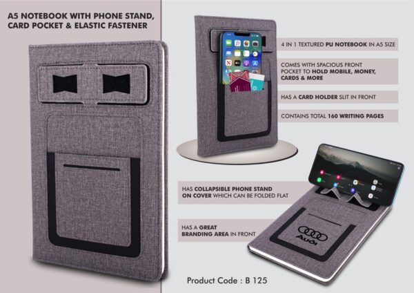 B125 - A5 notebook with Phone stand, card pocket, mobile pocket, pen loop & Elastic fastener