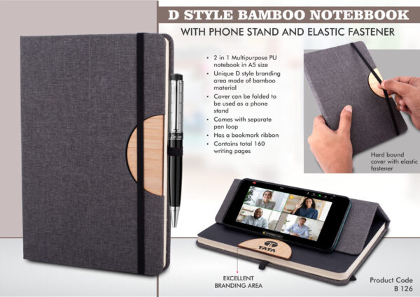 B126 - D style Bamboo notebook with Phone stand and Elastic fastener