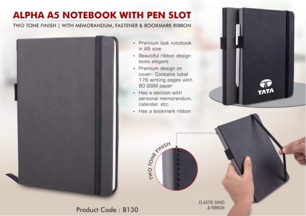 B130 - Alpha A5 notebook with Pen Slot | Two tone finish | With memorandum, Fastener & Bookmark ribbon