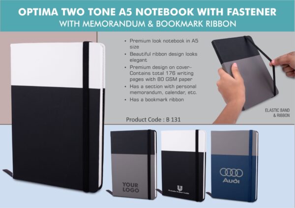 B131 - Optima Two tone A5 notebook with Fastener | With memorandum & Bookmark ribbon