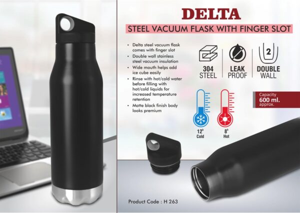 H263 - Delta Steel Vacuum Flask with Finger slot | 304 steel inside | Capacity 600 ml approx