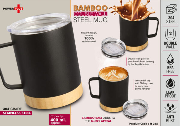 H265 - Bamboo Double wall Steel Mug with Leakproof Lid | 304 steel inside | Capacity 400 ml approx