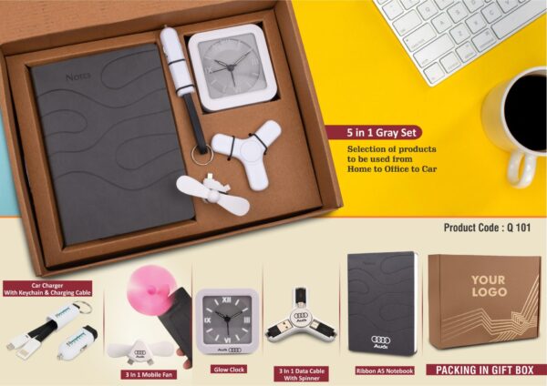 Q101 - 5 in 1 Gray set: Mobile Fan, Keychain with Car charger and cable, Spinner with Charging cable, Glow Clock and A5 PU notebook in Kraft Gift Box