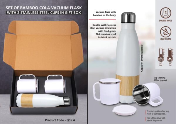 Q55a - Set of Bamboo cola Vacuum Flask with 2 Stainless steel cups in Gift box