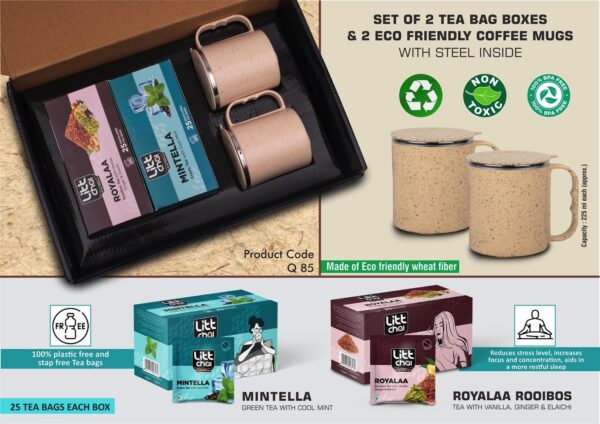 Q85 - Set of 2 Tea bag boxes with 2 SS Eco mugs | Total 50 tea bags | Mugs made of Wheat straw material