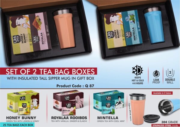 Q87 - Set of 2 Tea bag boxes with Tall SS Insulated mug | Total 50 tea bags | Mug keeps hot for 4-6 hours