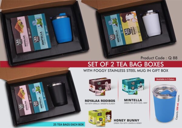 Q88 - Set of 2 Tea bag boxes with Foggy SS mug | Total 50 tea bags