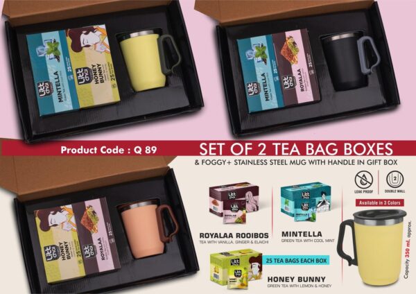 Q89 - Set of 2 Tea bag boxes with Foggy+ SS mug with handle | Total 50 tea bags