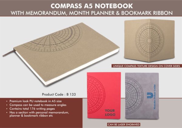 B133 - Compass A5 notebook with memorandum, month planner & bookmark ribbon | 176 writing pages