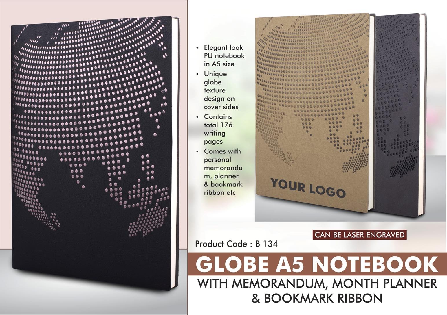 B134 - Globe A5 notebook with memorandum, month planner & bookmark ribbon