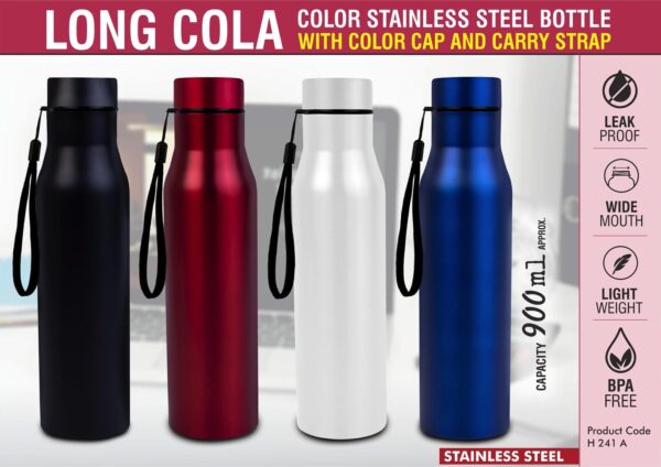 H241a - Long Cola Colored Stainless steel single wall bottle | With Colored Cap and Carry strap | Capacity 900ml approx