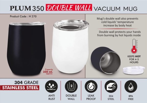 H270 - Plum 350: Double wall Vacuum Mug | 304 grade steel | Capacity 350ml Approx