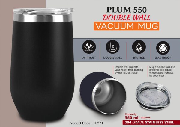 H271 - Plum 550: Double wall Vacuum Mug | 304 grade steel | Capacity 550ml Approx