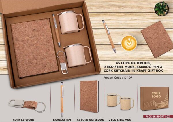 Q107 - EcoSet 1: Set of A5 Cork notebook, 2 Eco Steel mugs, Bamboo Pen & Cork Keychain in Kraft Gift Box