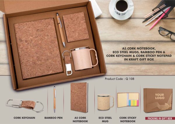 Q108 - EcoSet 2: Set of A5 Cork notebook, Eco Steel mug, Bamboo Pen, Cork Keychain & Cork Sticky notepad in Kraft Gift Box