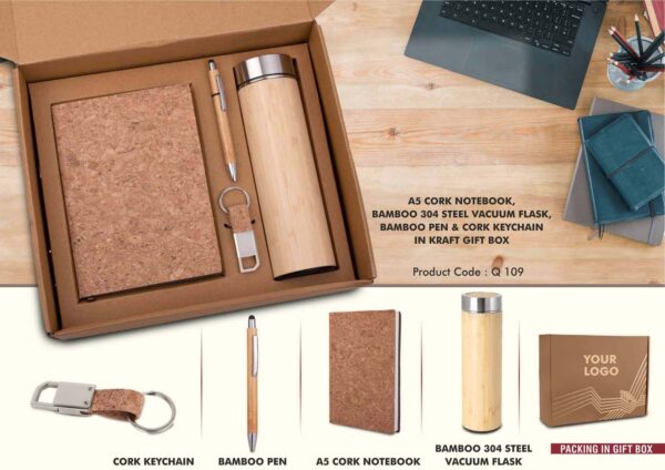 Q109 - EcoSet 3: Set of A5 Cork notebook, Bamboo 304 Steel Vacuum Flask, Bamboo Pen & Cork Keychain in Kraft Gift Box