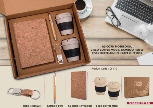 Q110 - EcoSet 4: Set of A5 Cork notebook, 2 Bamboo Coffee Mugs with Silicon Sleeve, Bamboo Pen & Cork Keychain in Kraft Gift Box