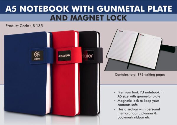 B135 - A5 Notebook with Gunmetal plate and Magnet lock | Hard bound cover | Pages with memorandum, month planner & bookmark ribbon | 176 writing pages