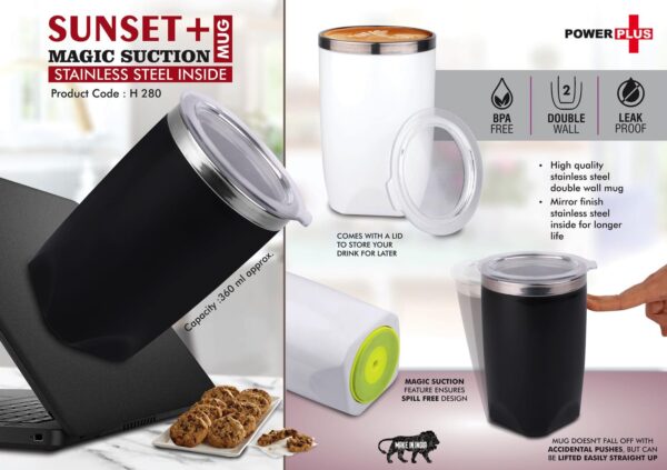 H280 - Sunset+ : Magic Suction Mug with Stainless Steel inside | Spill proof design | Leak Proof Lid | BPA Free | Capacity 360 ml approx