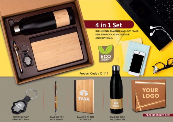 Q111 - 4 in 1 Bamboo set: Keychain, Bamboo vacuum flask, Bamboo pen and A5 bamboo cover notebook in Kraft Gift Box