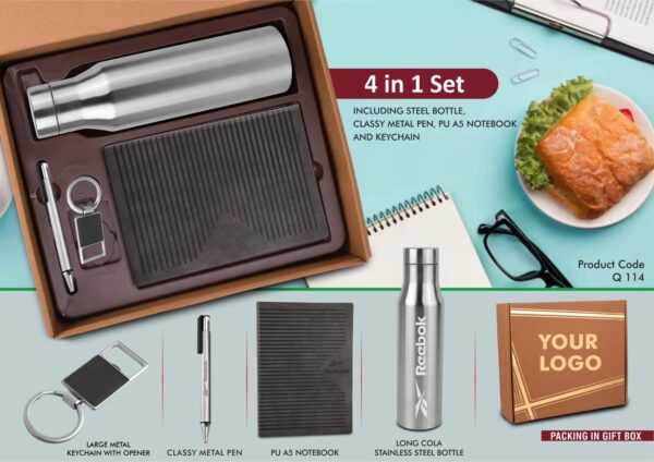 Q114 - 4 in 1 Gray set: Metal keychain, SS bottle, Metal Pen and A5 PU notebook in Kraft Gift Box