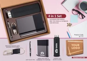 Q117 - 4 in 1 Dual Tone set: Rectangle metal keychain, SS colored bottle, Metal Pen and A5 PU notebook in Kraft Gift Box