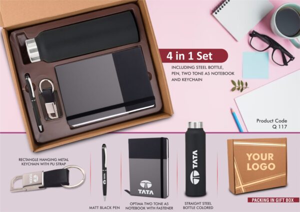 Q117 - 4 in 1 Dual Tone set: Rectangle metal keychain, SS colored bottle, Metal Pen and A5 PU notebook in Kraft Gift Box