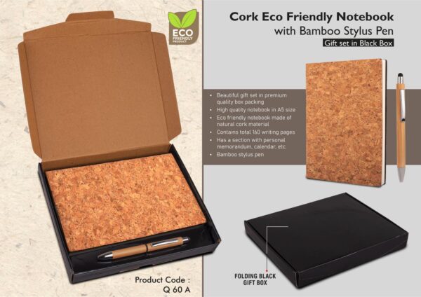 Q60a - Cork Notebook with Bamboo Stylus pen | Gift set in Black box