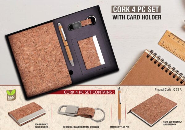 Q75a - Cork 4 pc set: Cork notebook with Visiting Card holder, bamboo pen and keychain