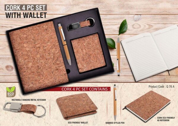 Q76a - Cork 4 pc set: Cork notebook with Wallet, bamboo pen and keychain