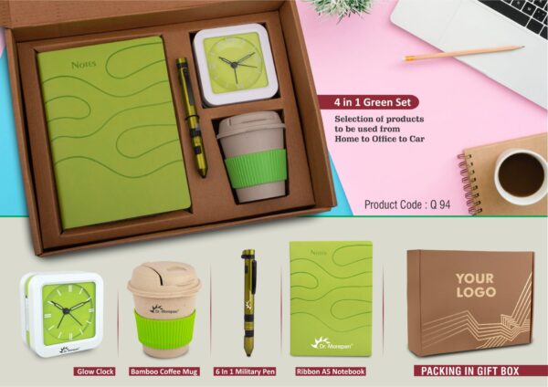 Q94 - 4 in 1 Green set: Bamboo coffee mug, 6 in 1 military pen, Glow Clock and A5 PU notebook in Kraft Gift Box