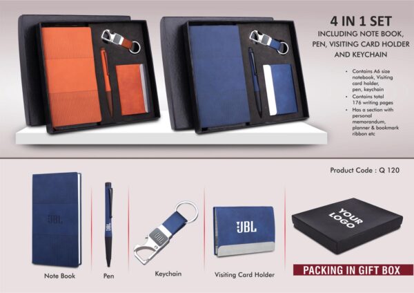 Q120 - 4 pc Notebook Set: A6 size notebook, Metal Pen, Loop Keychain & Visiting card holder in Gift box