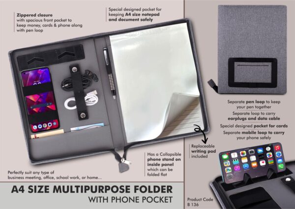 B136 - A4 size multipurpose folder with Writing pad and phone pocket | Complete Zipper enclosure